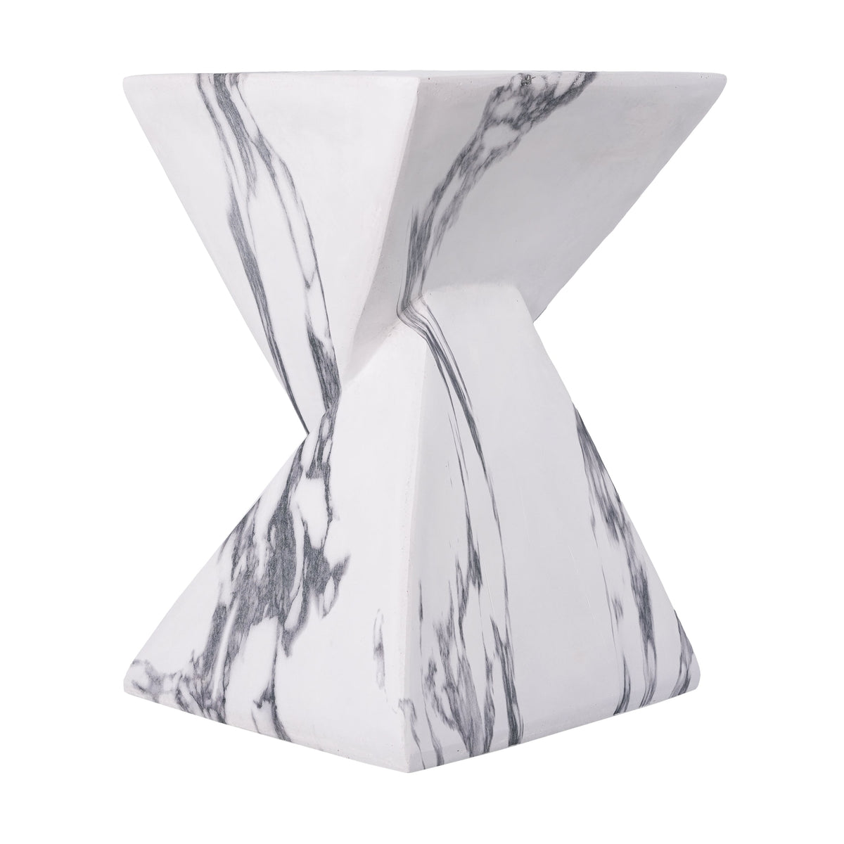 Sculptural side table with a square top, flared base, and gray veining