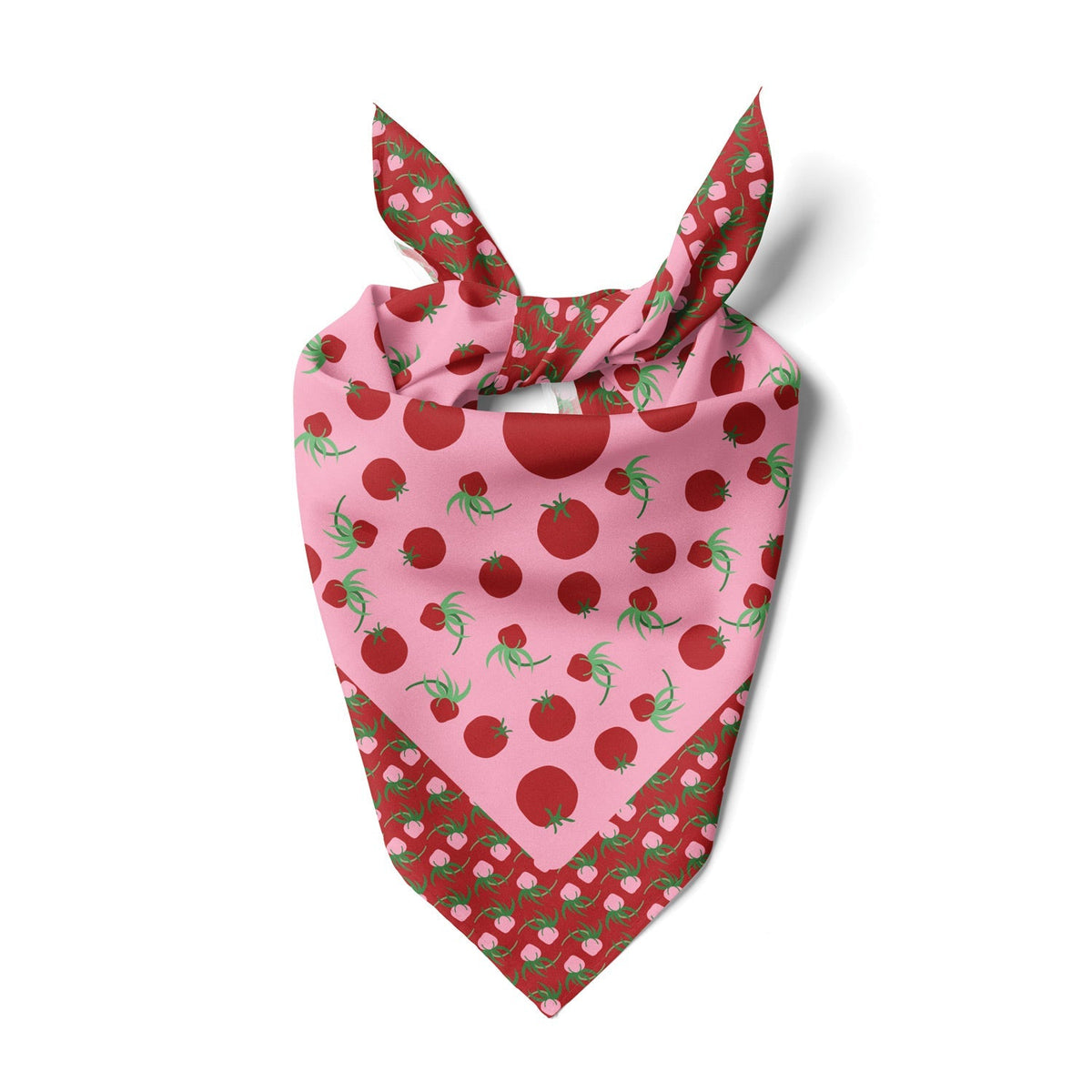 Folded tomato-print cotton silk bandana, pink with red tomatoes and green leaf accents