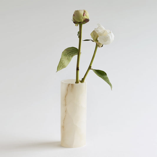 Alabaster narrow vase with smooth cylindrical body, holding cream flowers on stems.