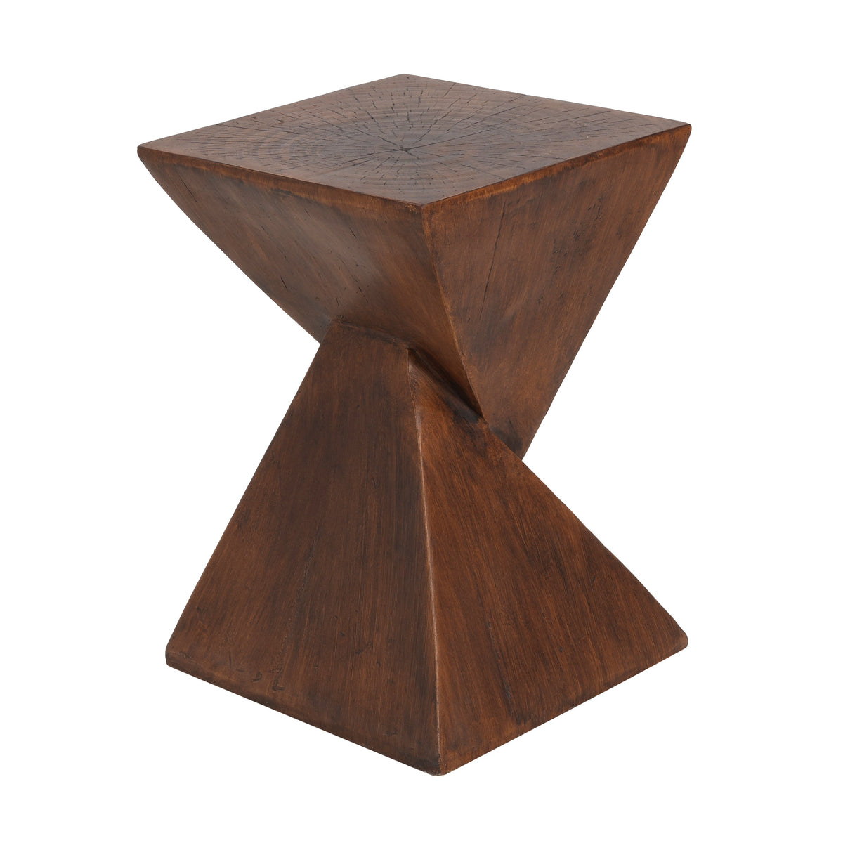 TESS dark brown side table shown from another angle, with a twisted hourglass base