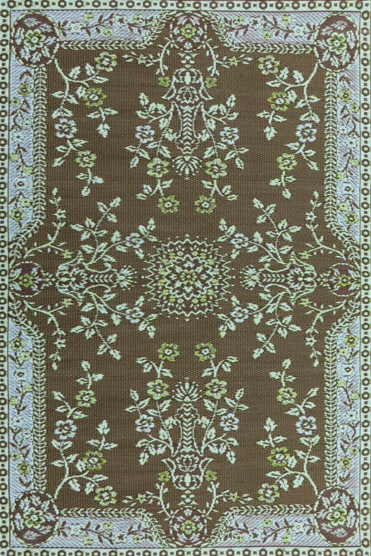 Teal and brown outdoor mat with symmetrical floral damask border pattern
