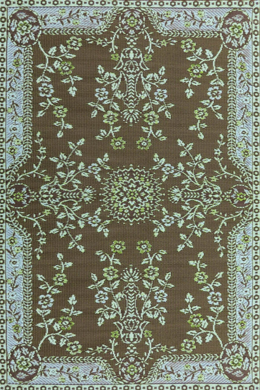 Teal and brown outdoor mat with symmetrical floral damask border pattern