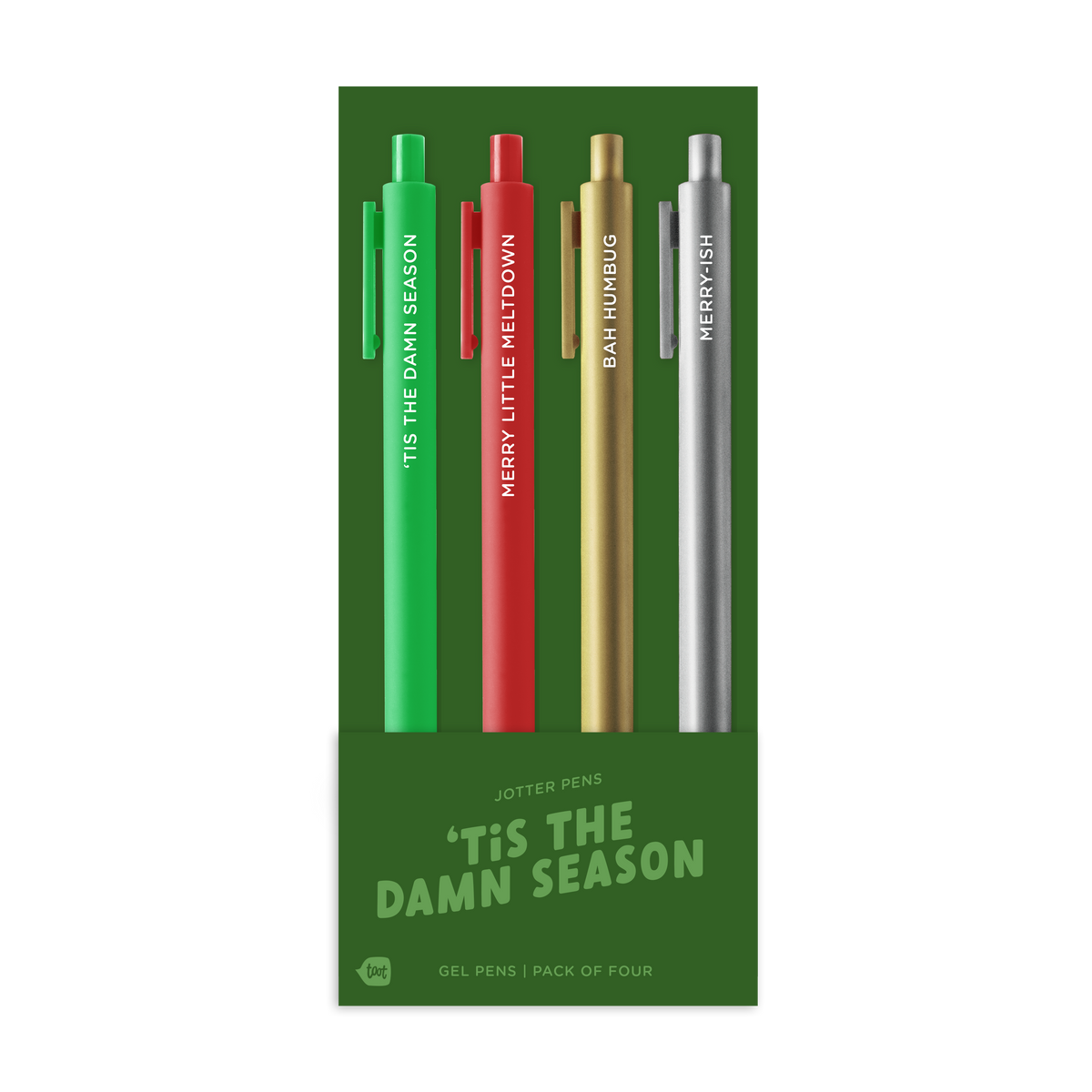 Four-pack of seasonal gel pens in green, red, gold, and silver.