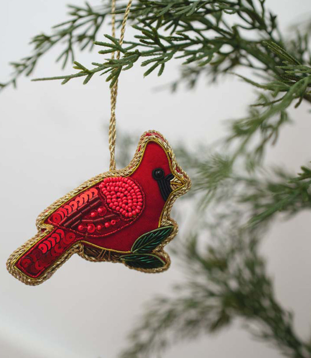 Angled hanging cardinal plush fabric ornament with red bead embroidery and gold trim
