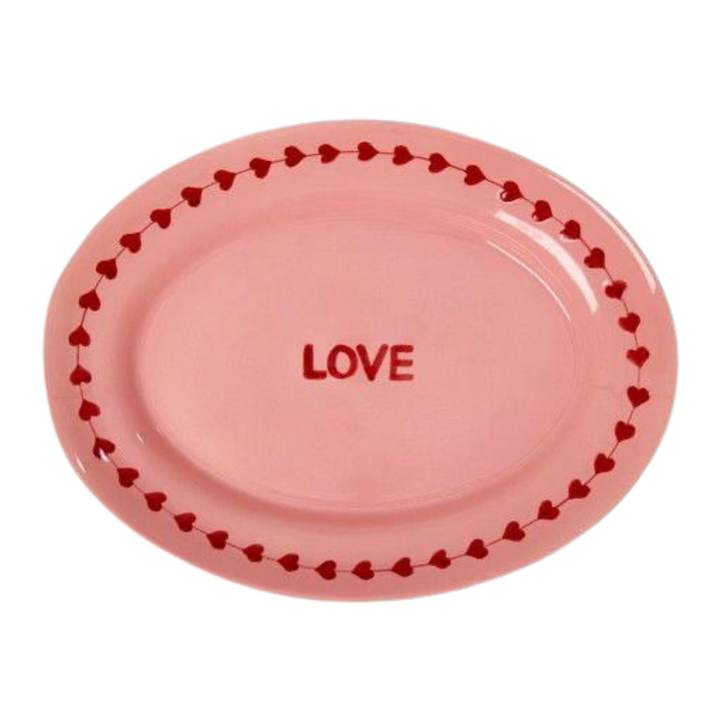 Medium pink ceramic serving platter with hand-painted LOVE text and red heart border