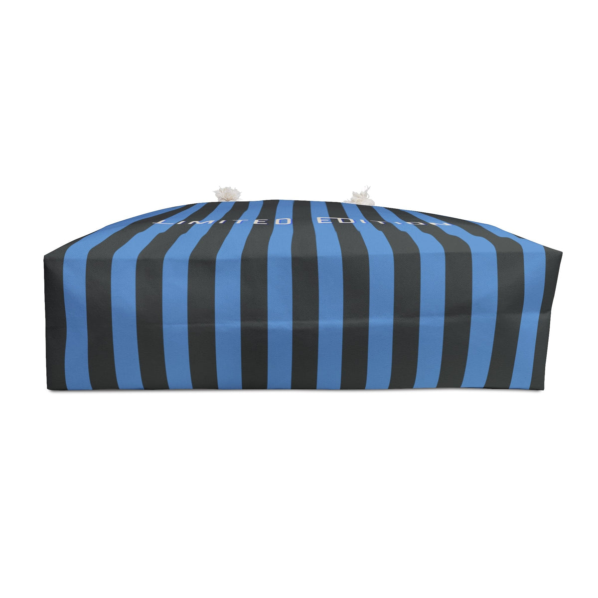 Blue and gray striped weekender bag with top panel, shown closed