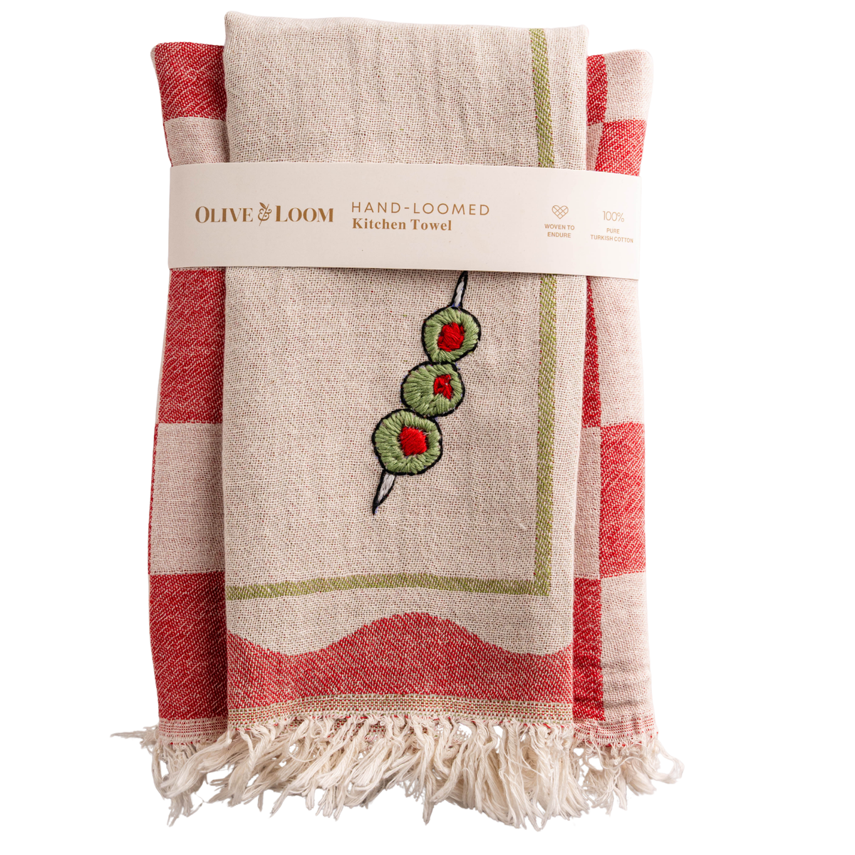 Hand-stitched kitchen towel set, cream with red stripes and green olive embroidery
