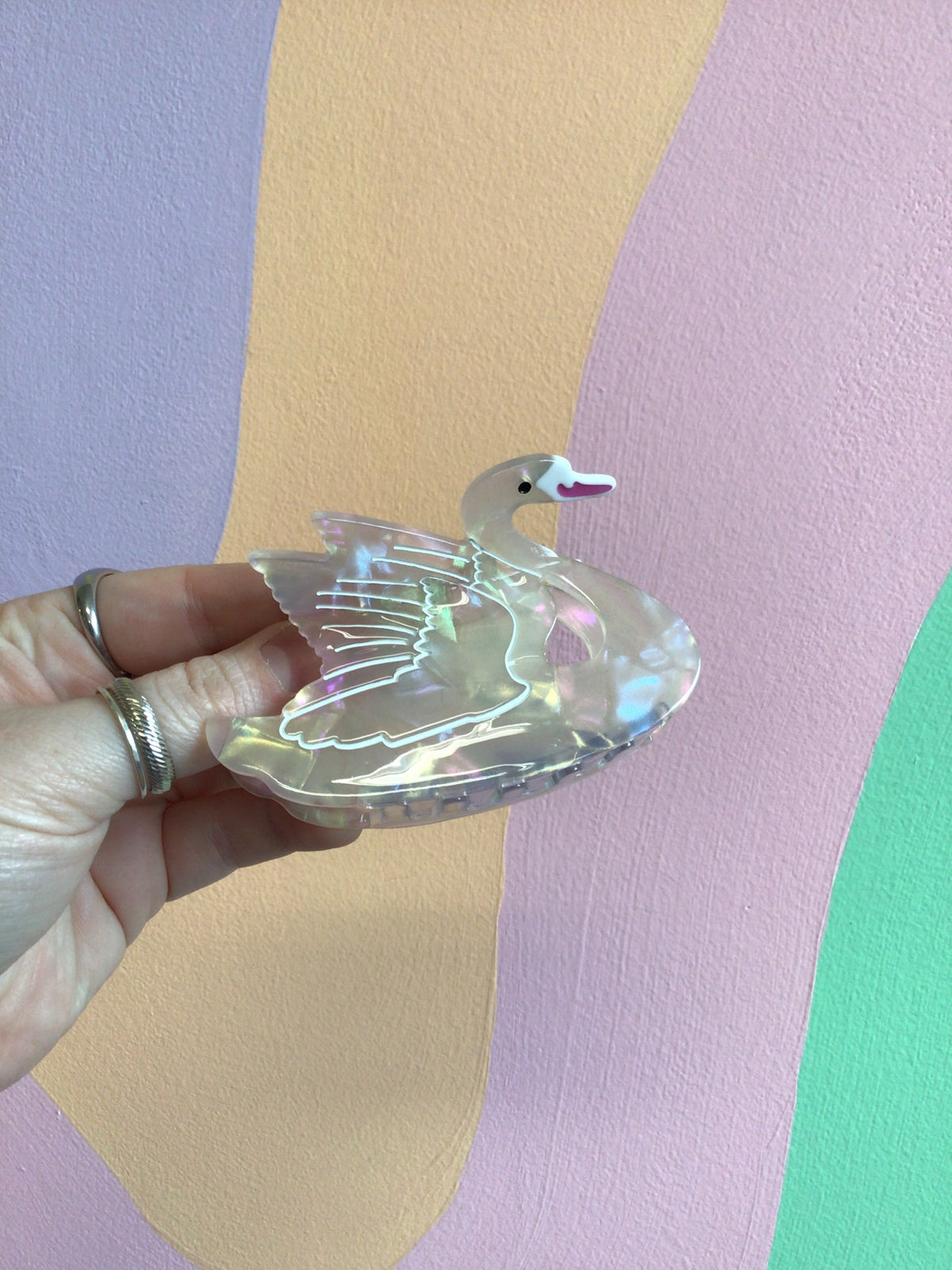 Clear iridescent animal hair claw with cartoon face and small beak detail