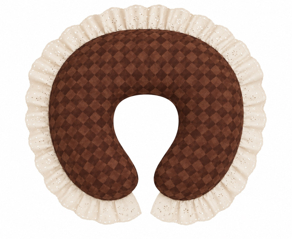 Brown diamond-print nursing pillow cover with ivory eyelet lace ruffle