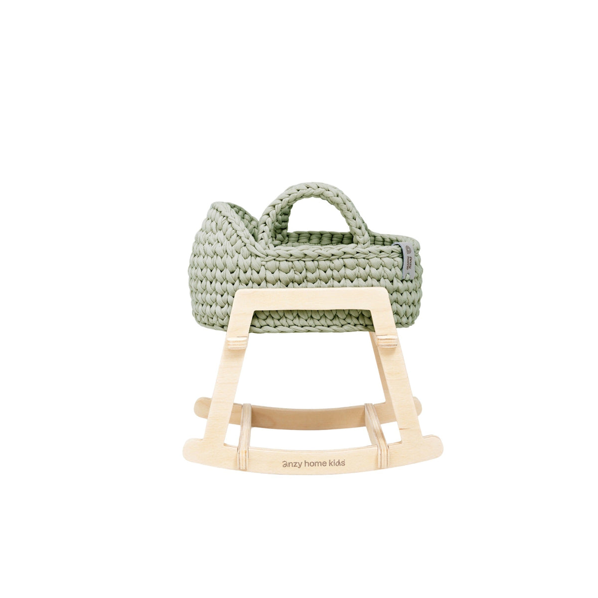 Mini doll Moses basket with rocking stand, woven sage green, rounded carry handle