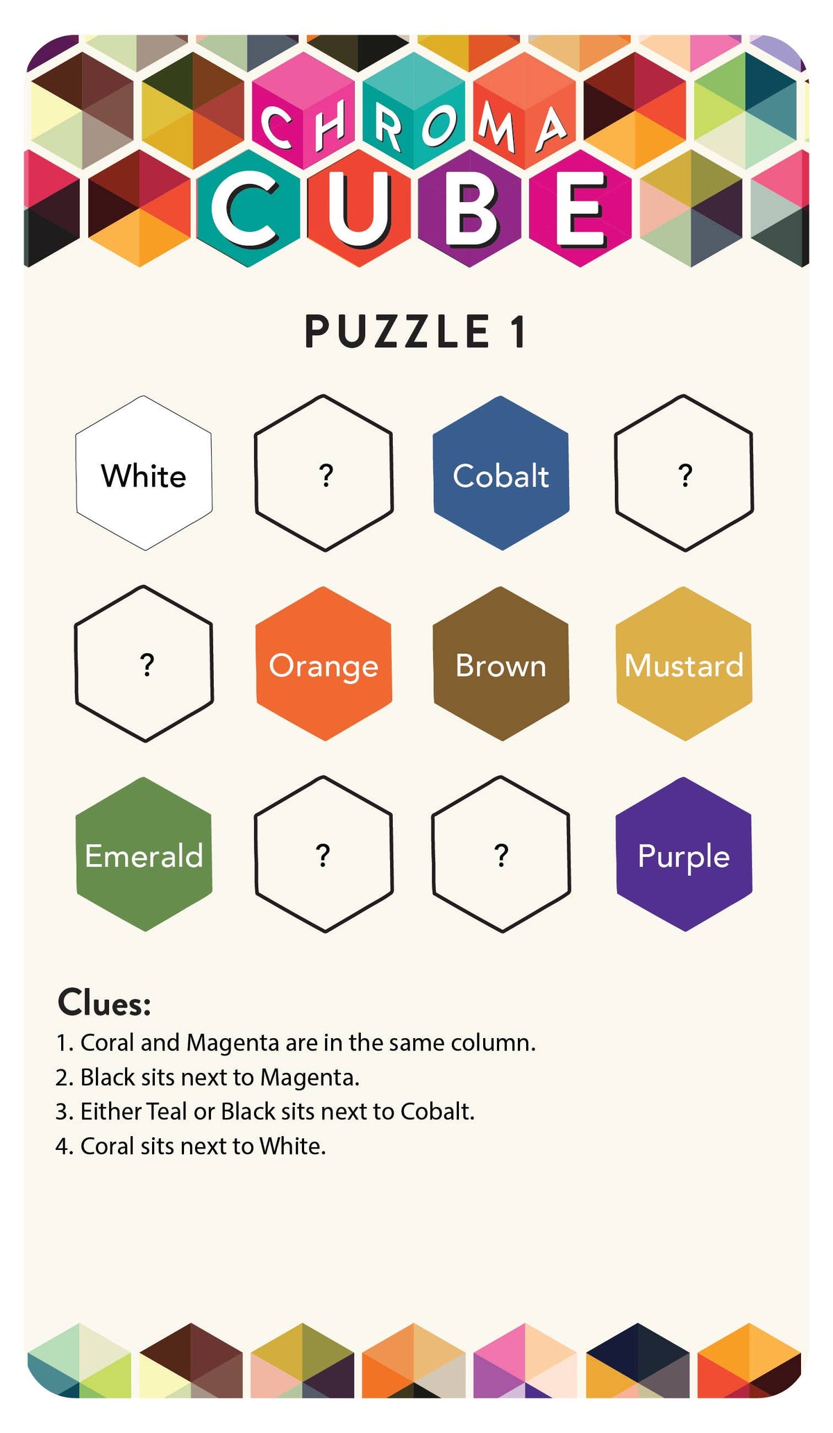 Puzzle instruction card showing color hex options, clues, and Puzzle 1