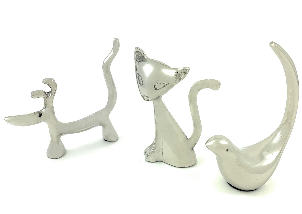 Silver cat and dog ring holders, sculpted animal figures with open top