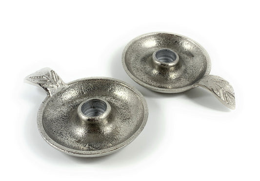 Set of 2 silver taper candlestick holder dishes with leaf handles, rustic aluminum