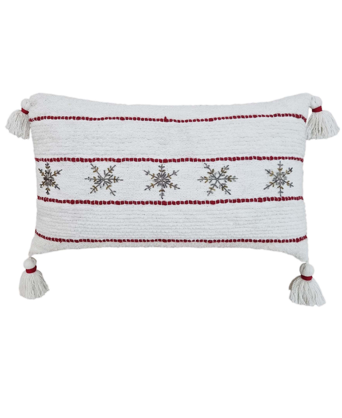Decorative Christmas throw pillow with red striped snowflake pattern and white tassel corners
