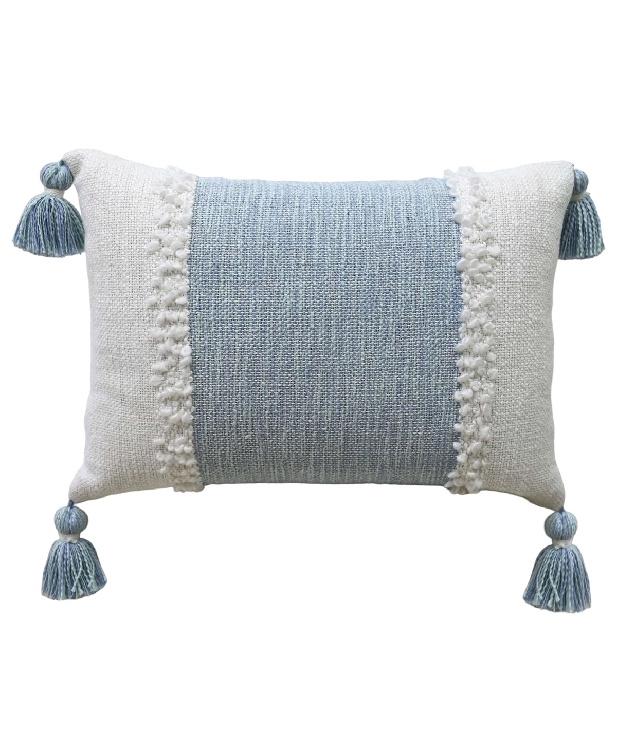 Woven decorative throw pillow with blue center panel, cream textured trim and tassels