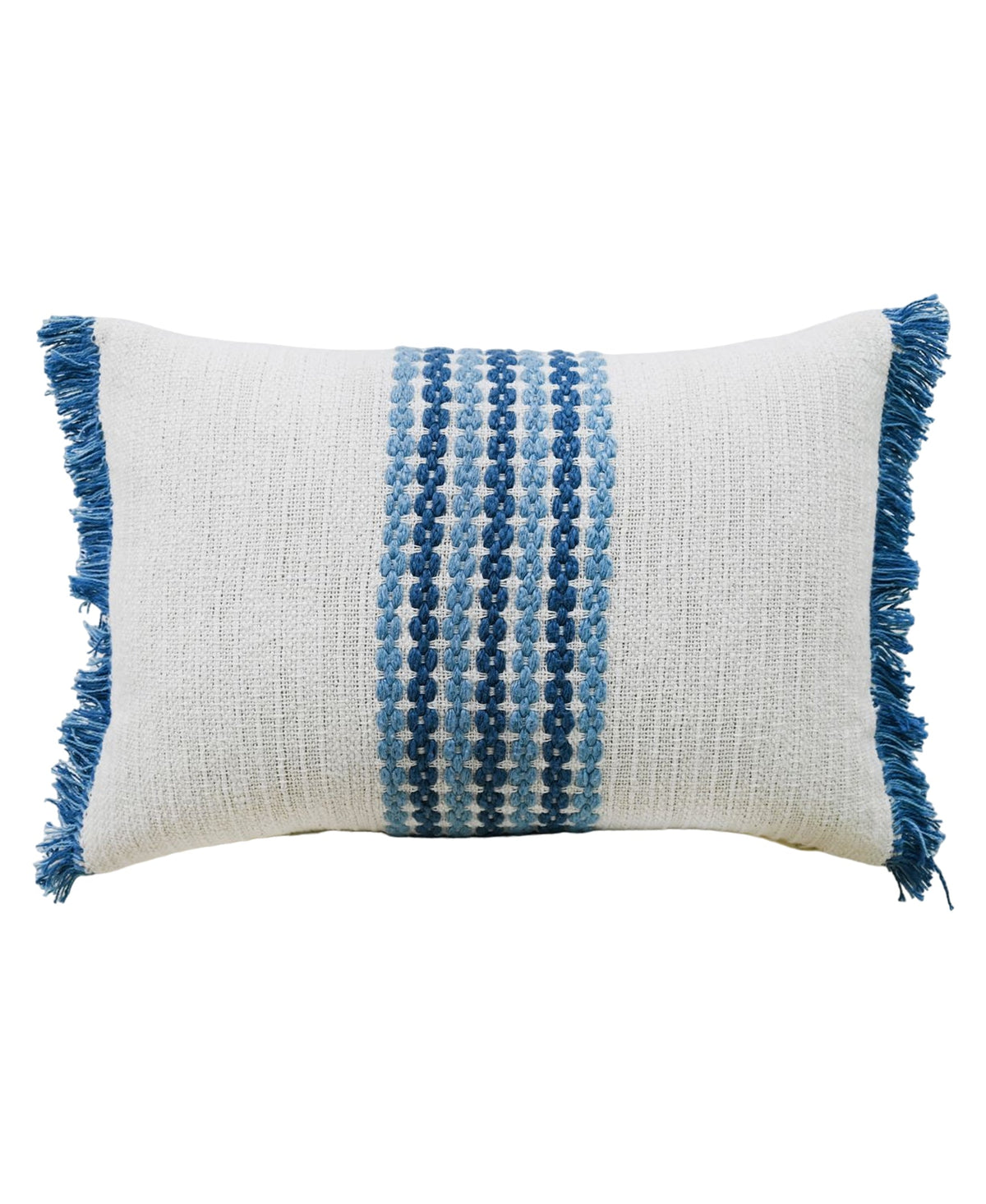 Woven decorative pillow with off-white cover, blue vertical woven motif, and fringe
