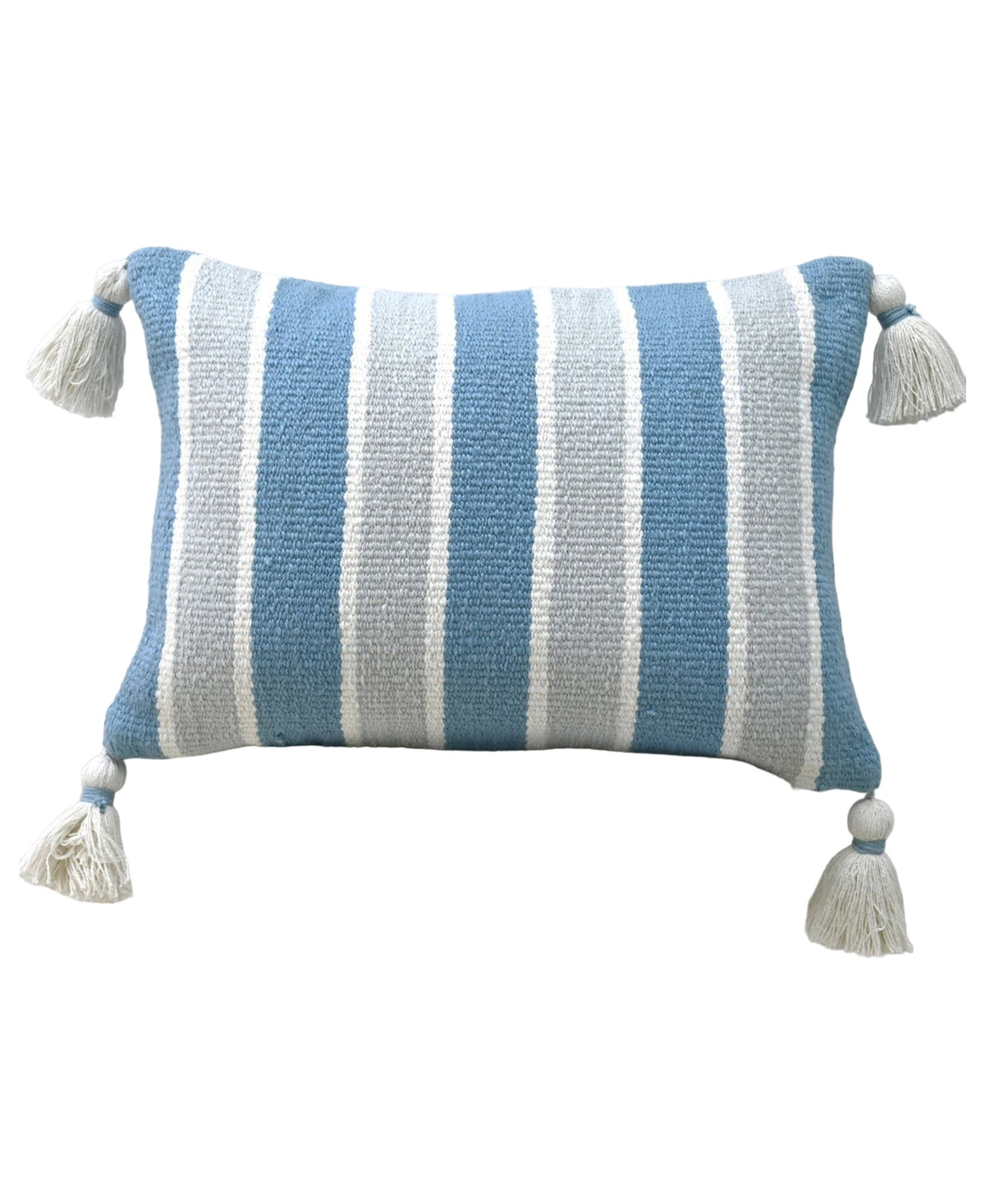 Blue and white striped decorative pillow with corner tassels