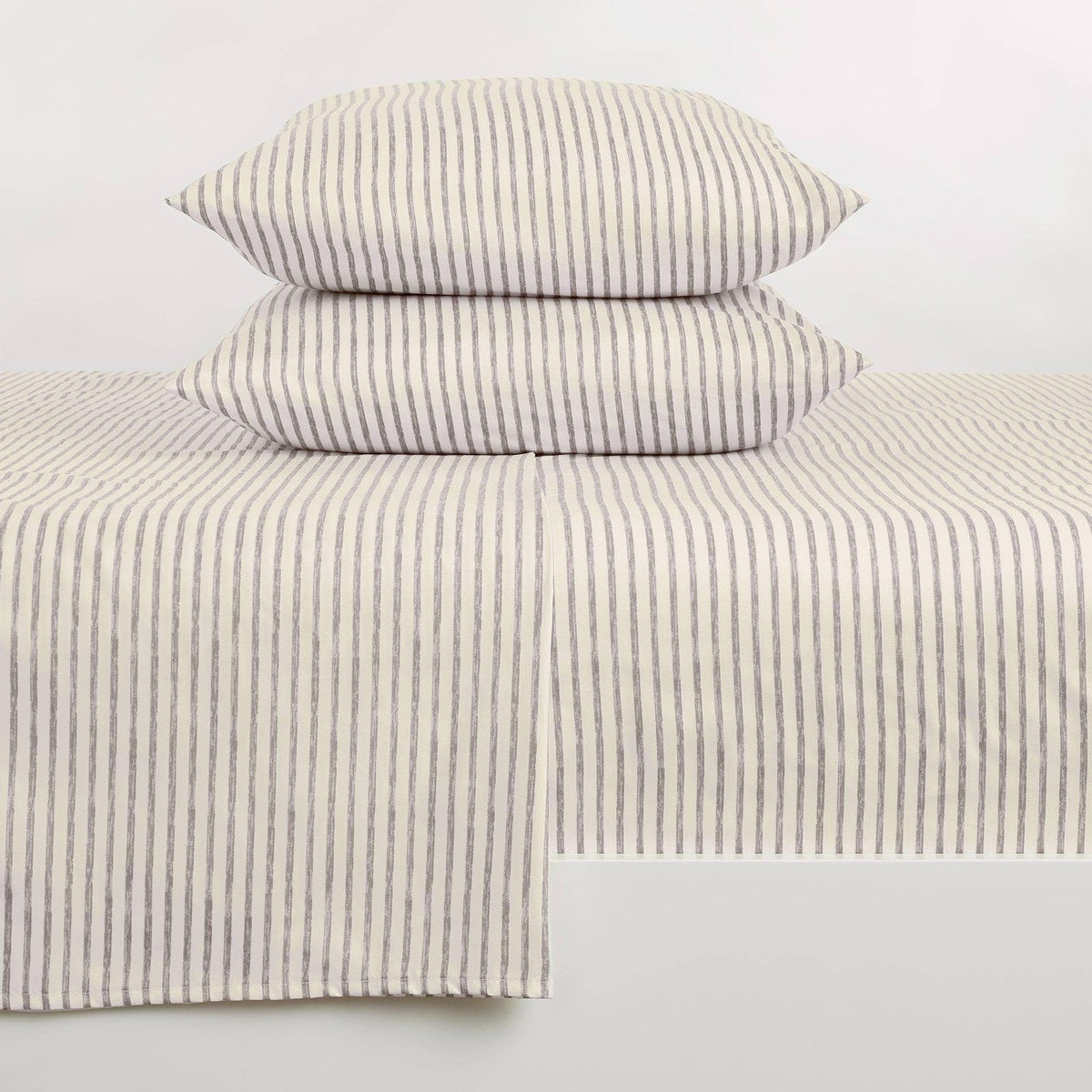 Striped microfiber sheet set with light neutral striped pillowcases and fitted flat sheet