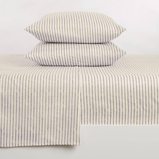 Striped microfiber sheet set with light neutral striped pillowcases and fitted flat sheet
