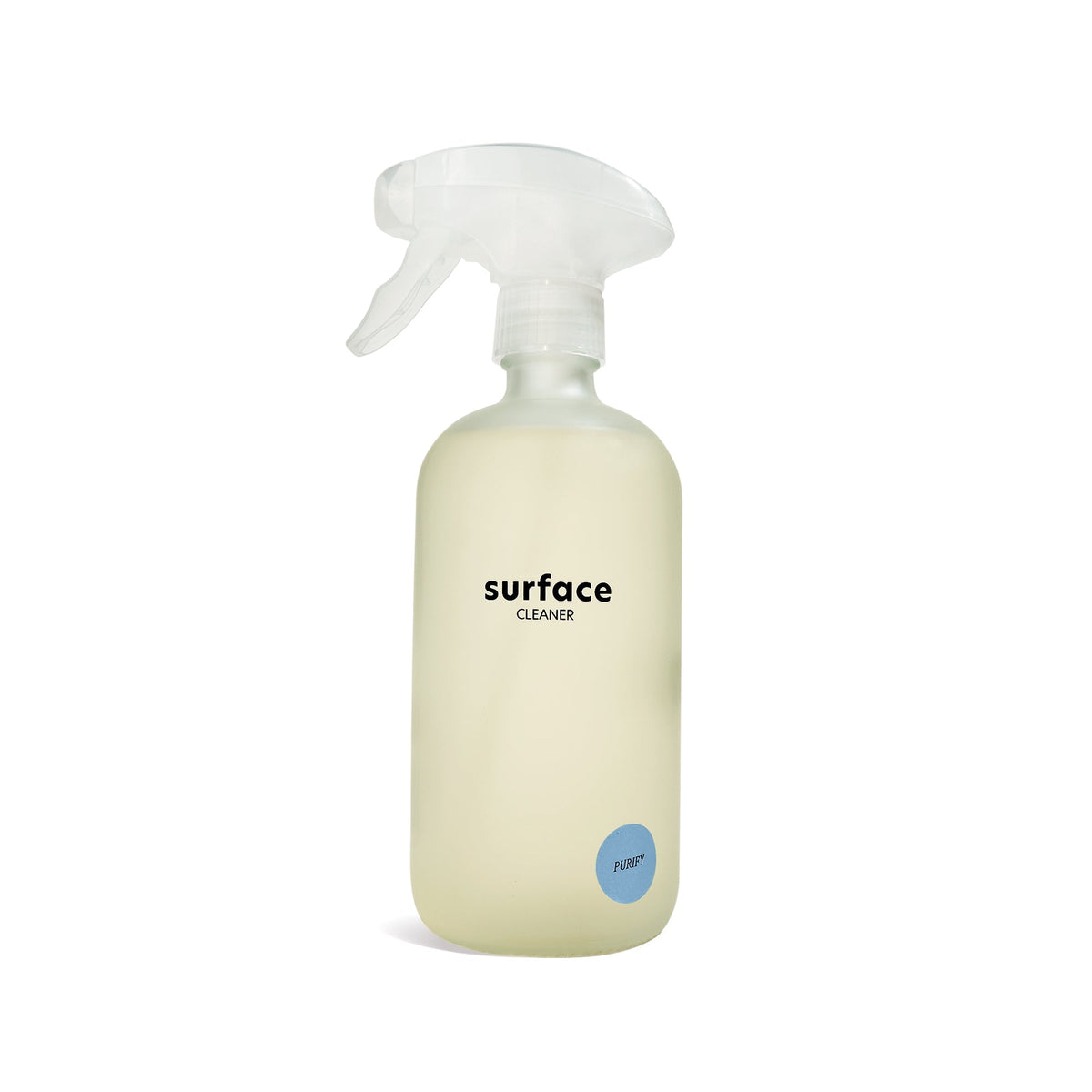 Surface cleaner spray bottle with clear trigger and pale yellow liquid