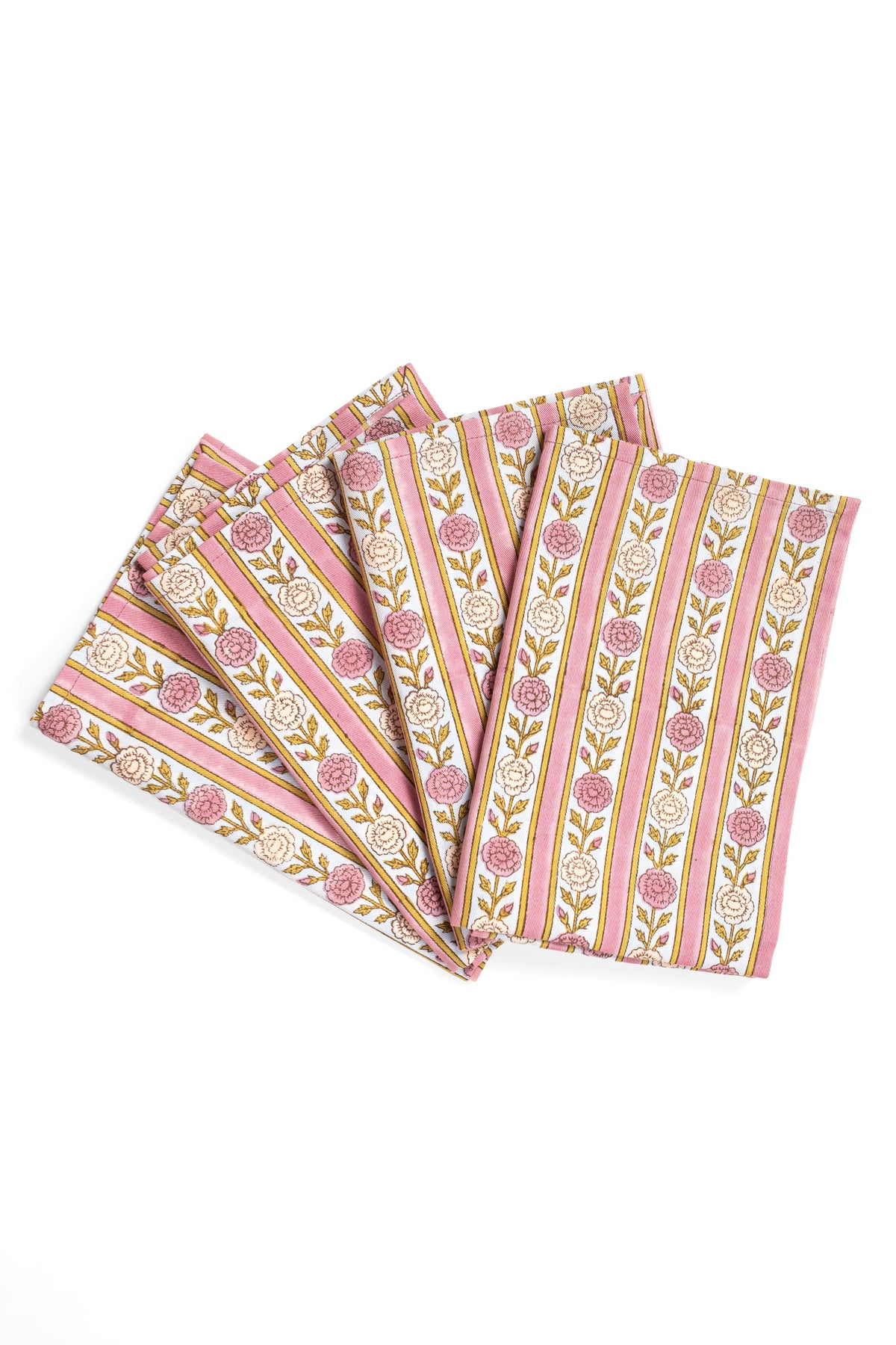 Set of 4 vintage floral stripe napkins in pink and cream with fan-fold arrangement