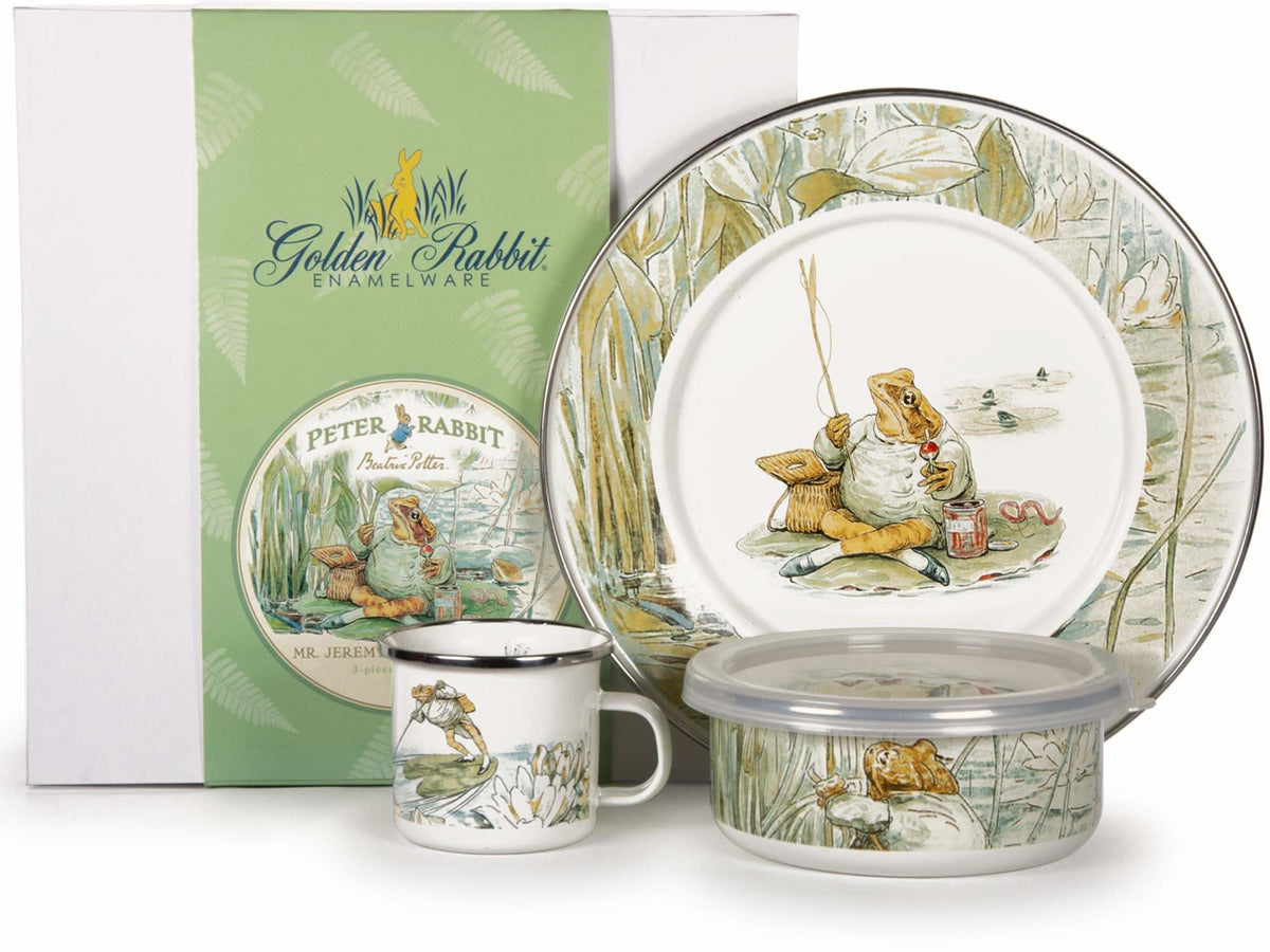 3-piece child dinner set with Peter Rabbit garden plate, lidded bowl, and mug