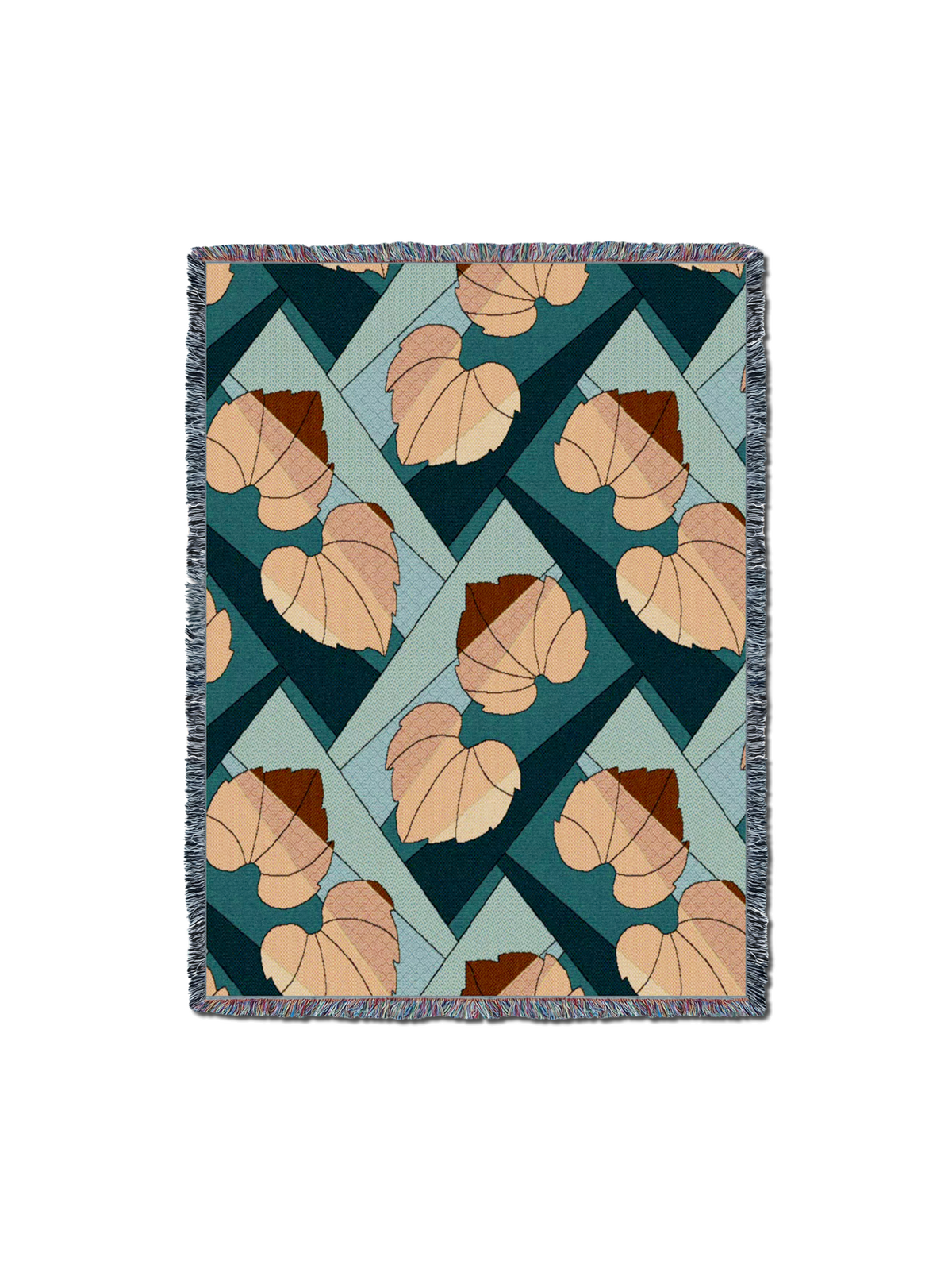 Leaves blanket with teal leaf pattern in tan and brown, fringed border