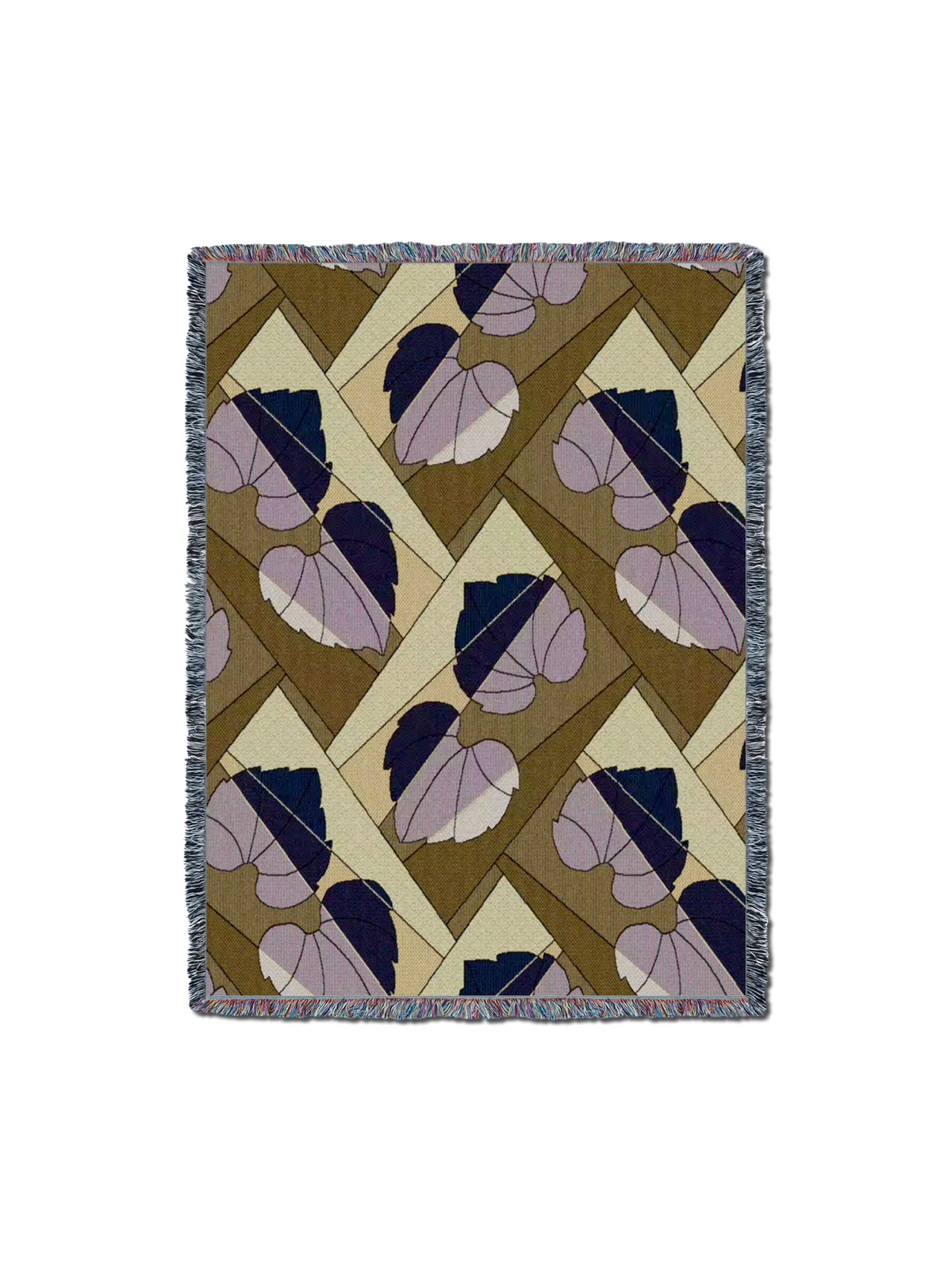 Leaf-pattern throw blanket with fringed border; lavender leaves on olive and cream