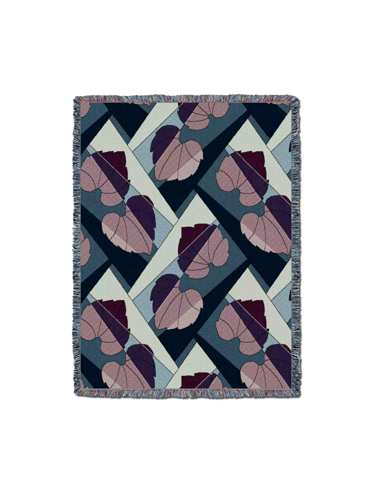Leaf-pattern throw blanket with fringed border; purple leaves on light blue diamond blocks