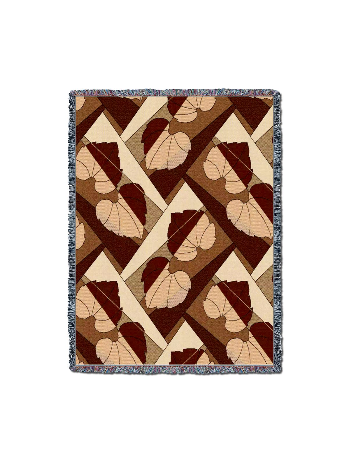 Leaf-pattern throw blanket with fringed border; brown and cream leaves on diamond lattice