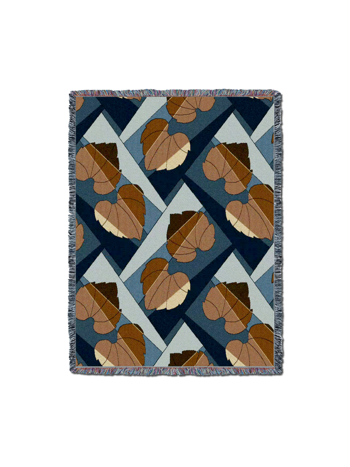 Leaf-pattern throw blanket with fringed border; golden-orange leaves on dark blue