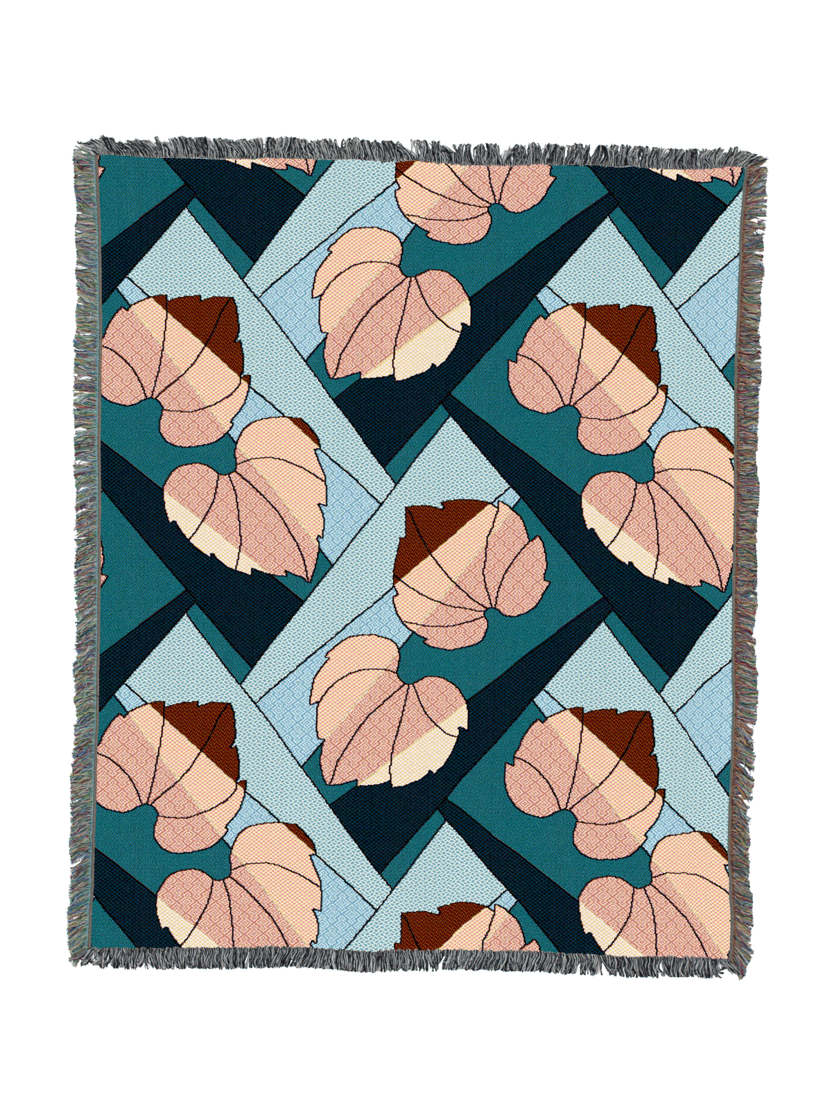 Leaf-pattern throw blanket with fringed border; peach and blush leaves on teal blue