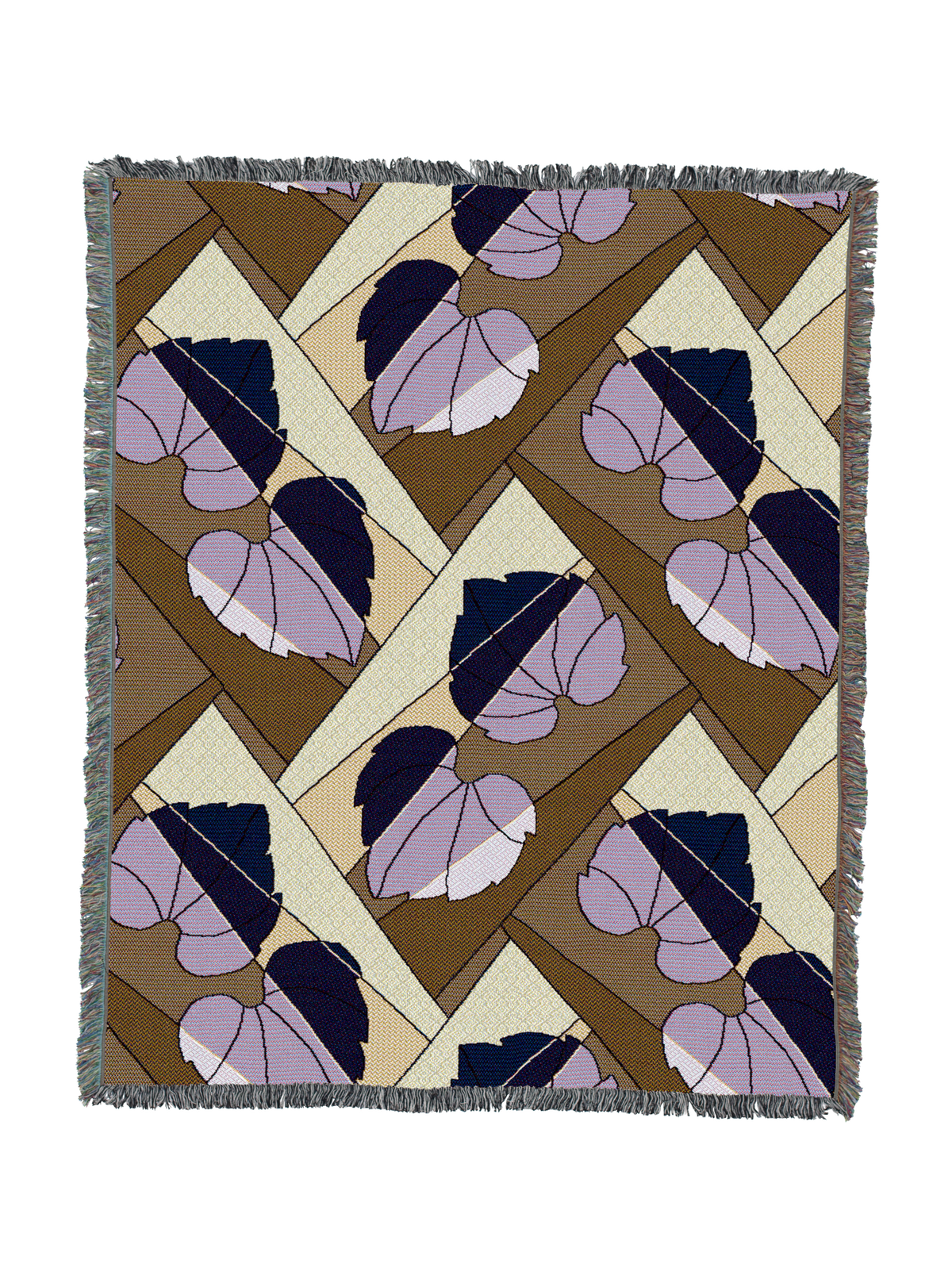 Leaf-pattern throw blanket with fringed border; navy and lavender leaves on tan