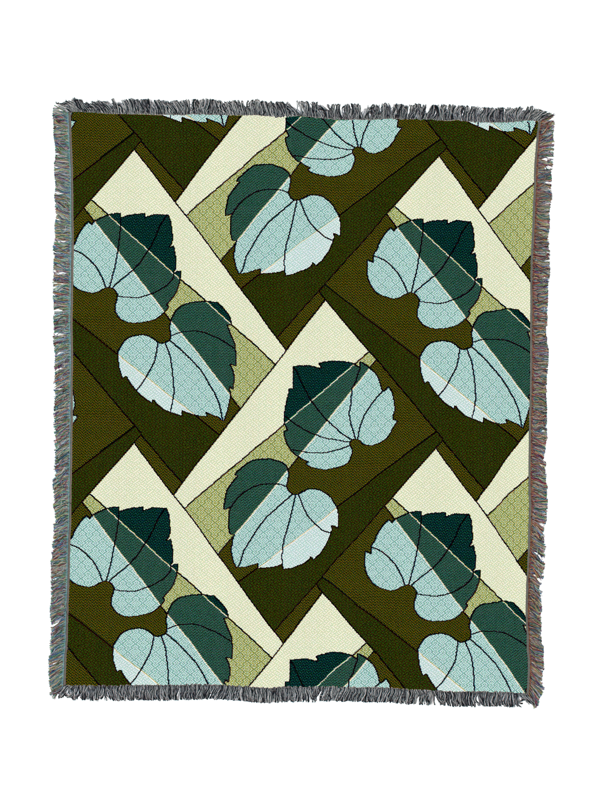 Leaf-pattern throw blanket with fringed border; teal leaves on green and cream diamonds