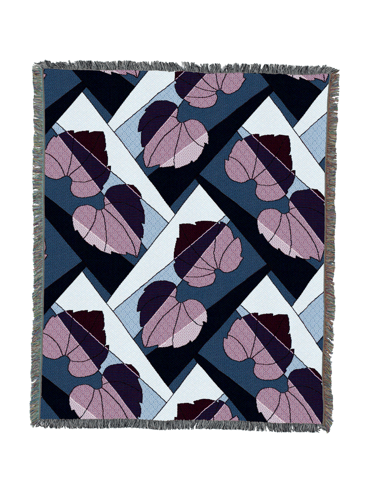 Leaf-pattern throw blanket with fringed border in navy, pale blue, and berry purple