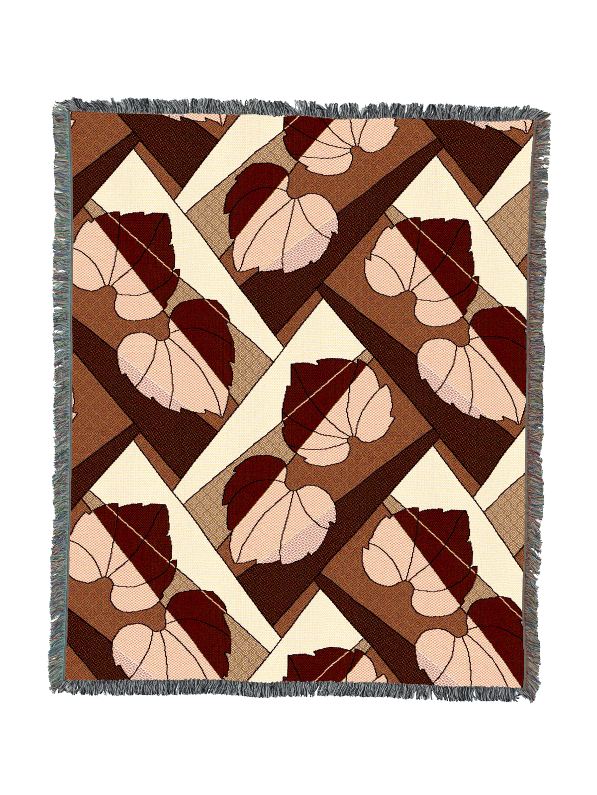 Leaf-pattern throw blanket with fringed border in rust and cream diamond blocks