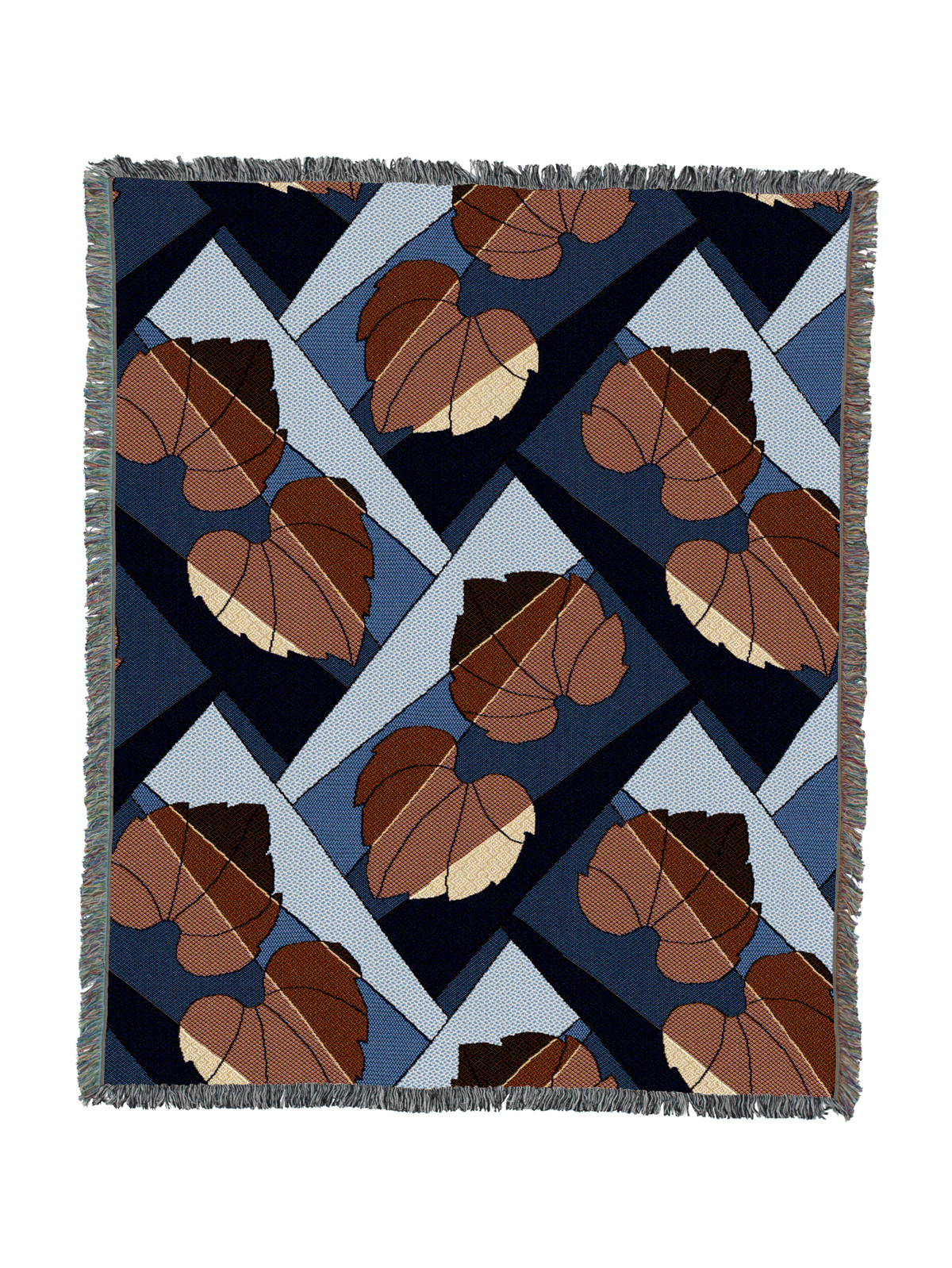 Leaf-pattern throw blanket with fringed border; orange-brown leaves on deep blue