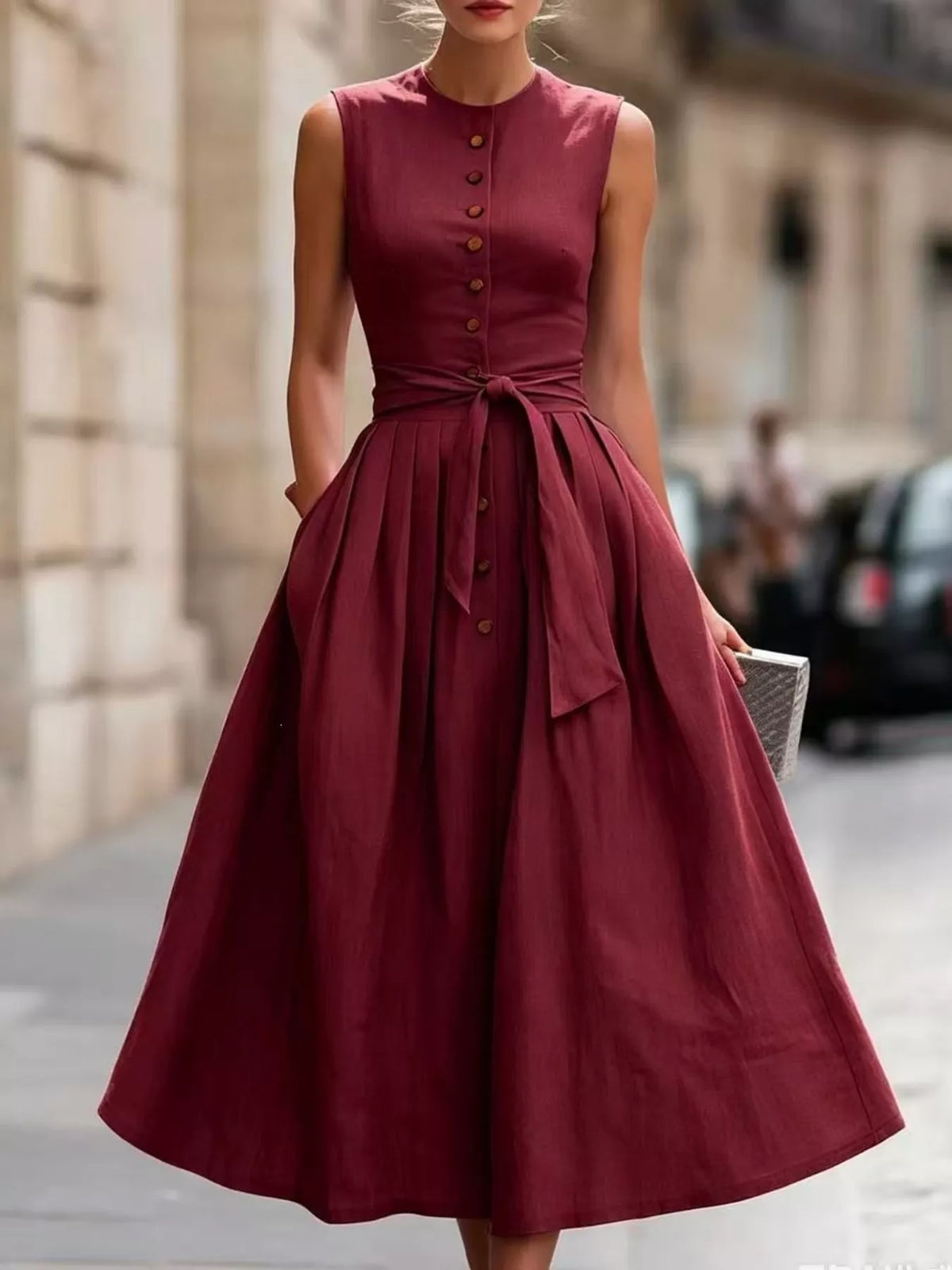 Vintage-Inspired Belted Sleeveless Midi Dress