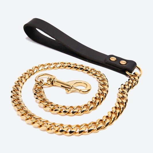 Gold Cuban-link dog leash with black leather handle and brass clasp