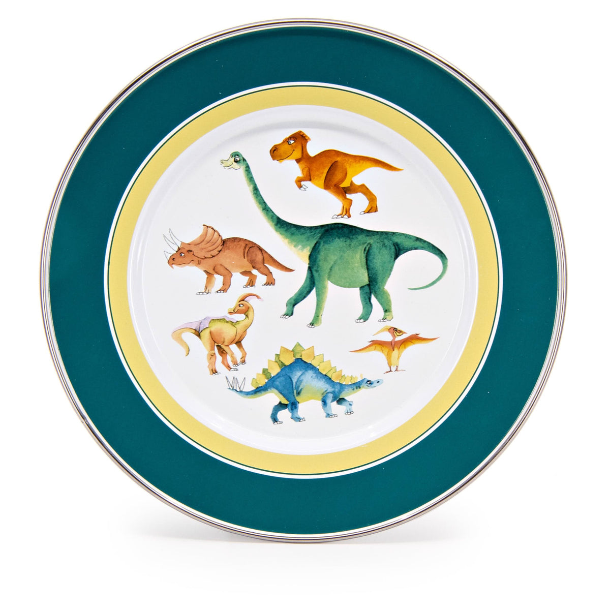 Teal-rim dinosaur plate with colorful cartoon dinosaur illustration