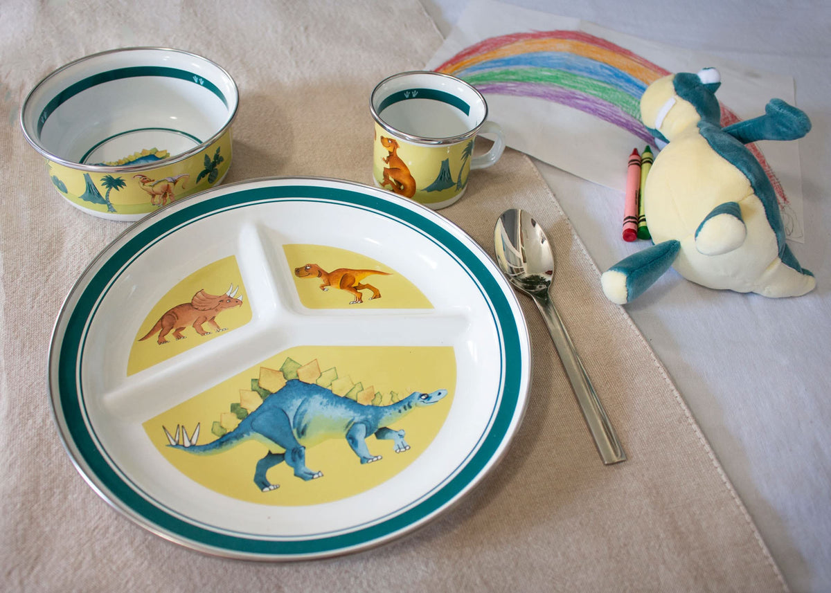 Child dinnerware set with dinosaur plate, lidded bowl, and matching mugs
