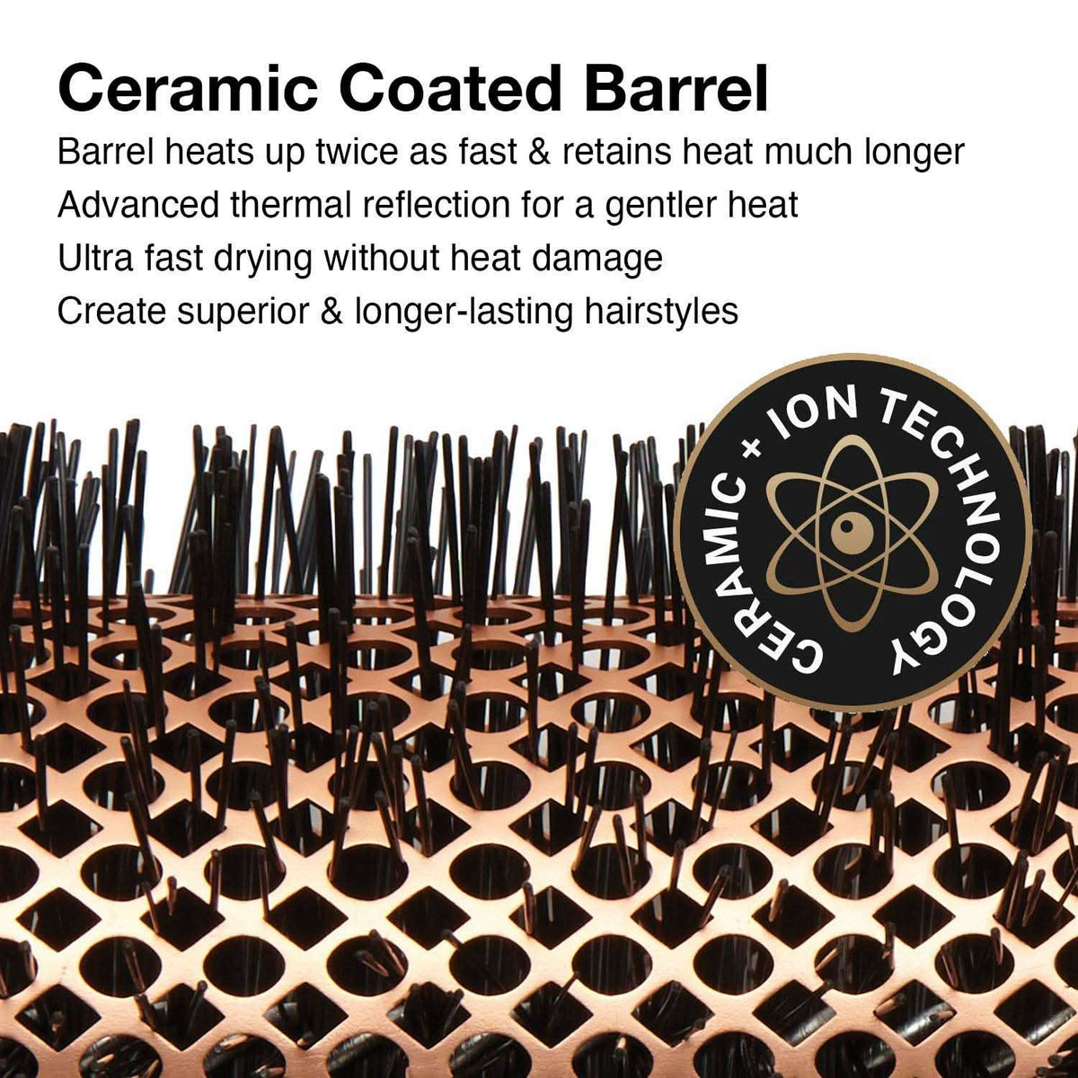 Ceramic-coated barrel with black bristles and ion technology medallion