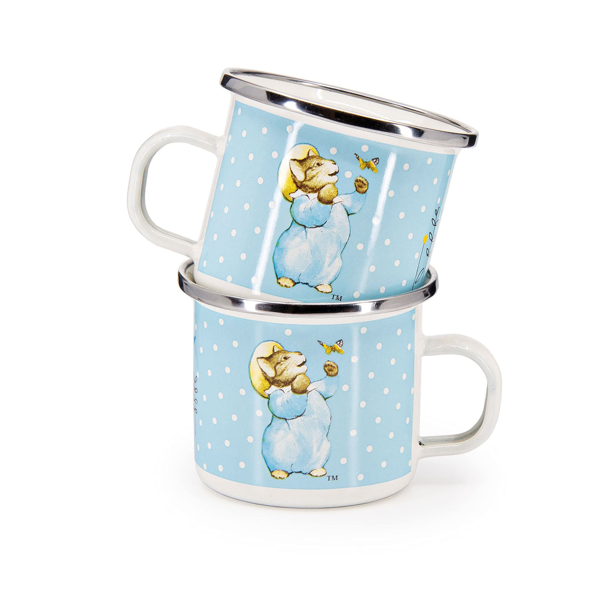 Light blue enamel child mugs with bunny artwork, two stackable cups.