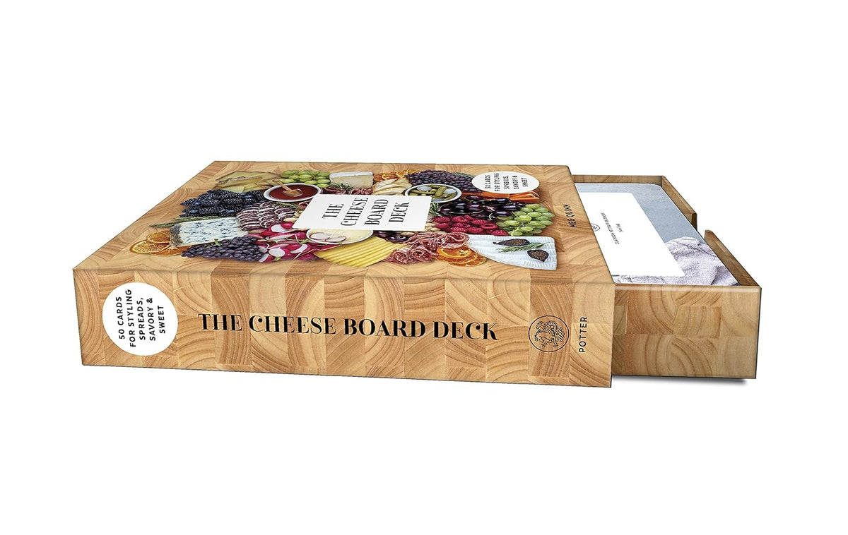 Cheese board deck wooden box with lid open and cards visible inside