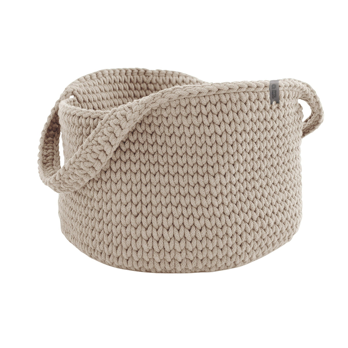 Round knit storage basket with handles, cream color