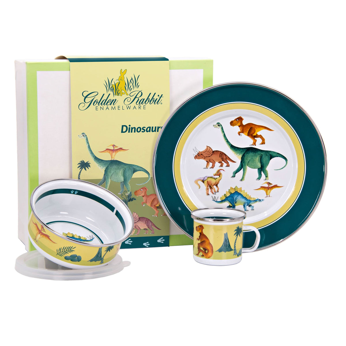 3-piece child dinner set with dinosaur plate, lidded bowl, and matching dinosaur mug