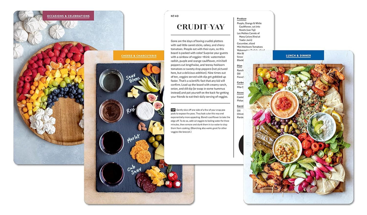 Cheese board deck cards laid out together with illustrated snack and occasion themes