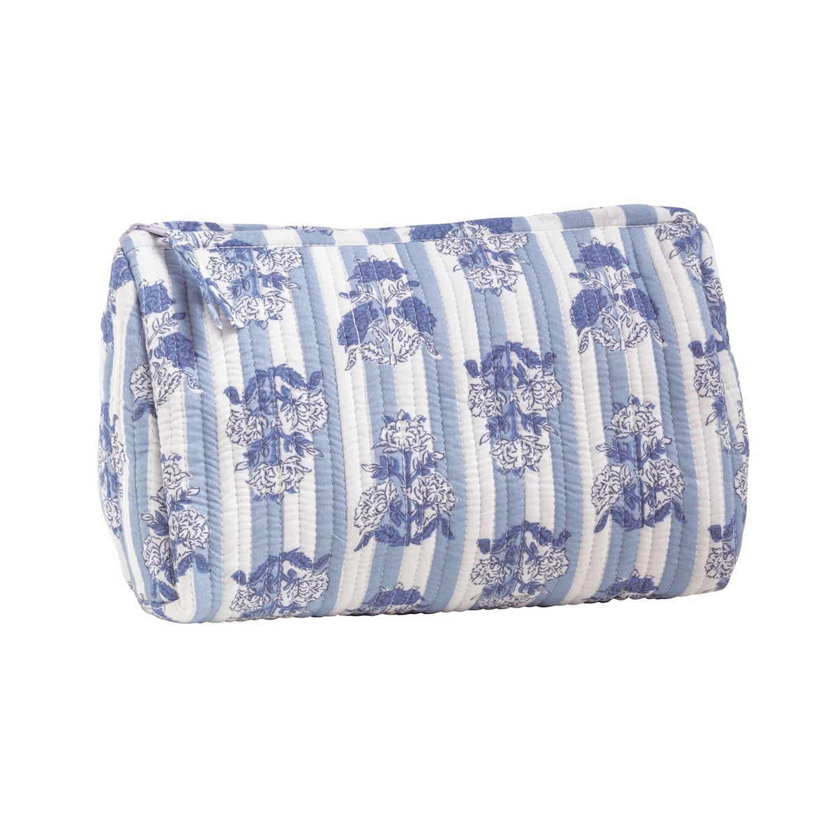 Quilted cosmetic zip pouch, light blue striped quilt with navy floral print
