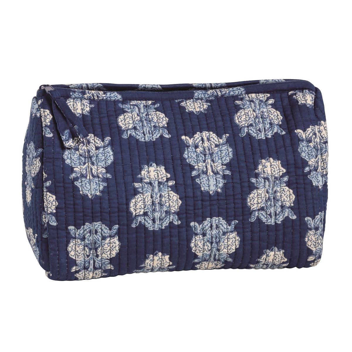 Quilted cosmetic zip pouch, navy quilted fabric with off-white floral block print