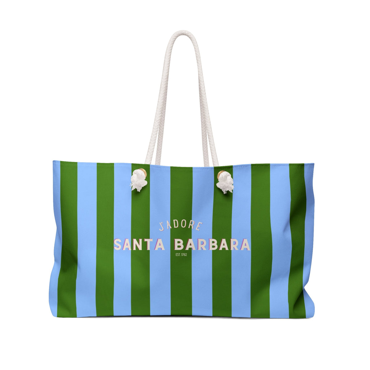 Striped beach tote bag with rope handles, green and ice-blue vertical stripes